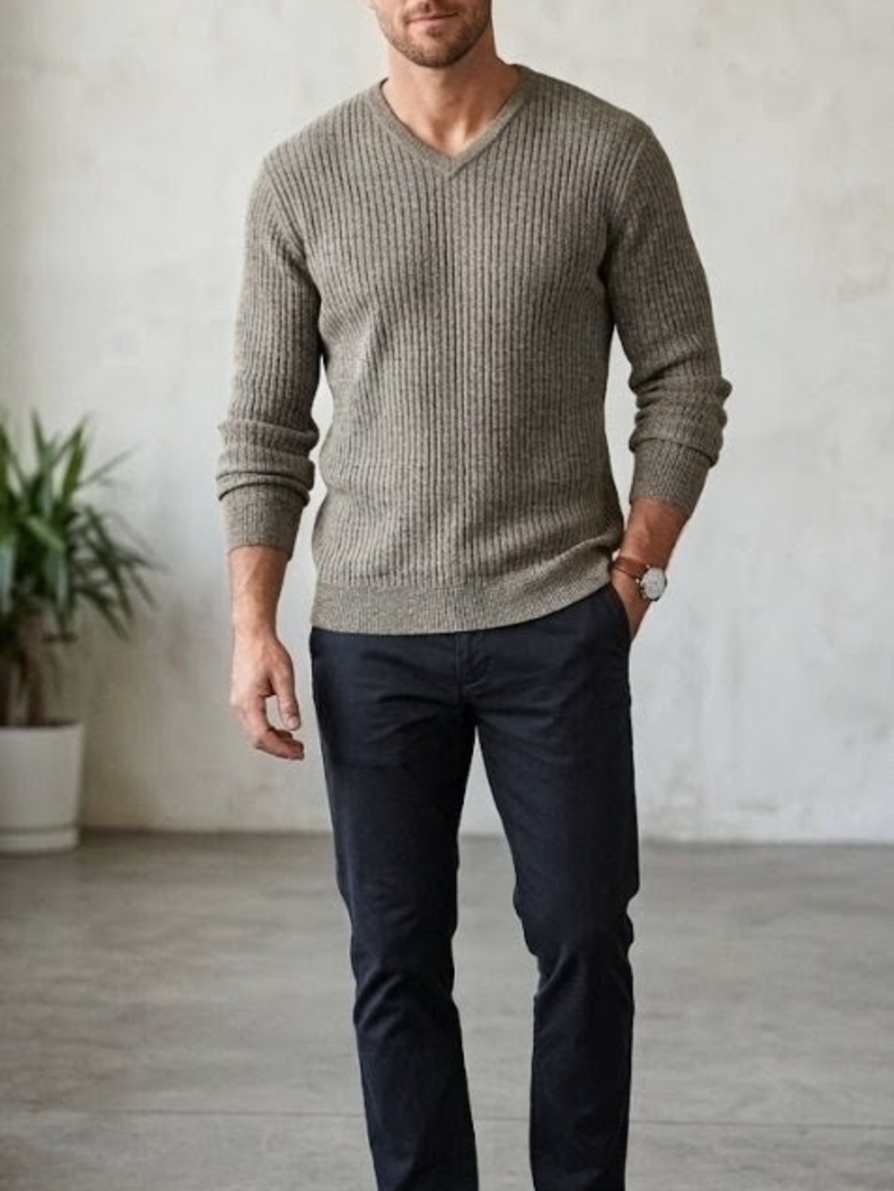 Vintage Reunion Men's V-Neck Ribbed Cotton  Sweater - Gray Extra Large
